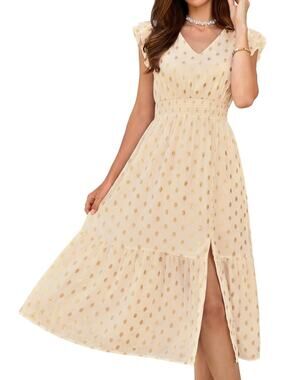 Grace Karin Beige Gold Polka Dot Tiered Ruffle Midi Dress XL